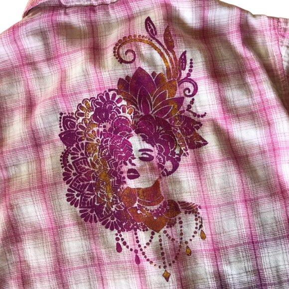 Bleached Flannel Shirt, Size Small Petite: Upcycled Painted Fancy Lady, Lace Hem - Picture 10 of 11